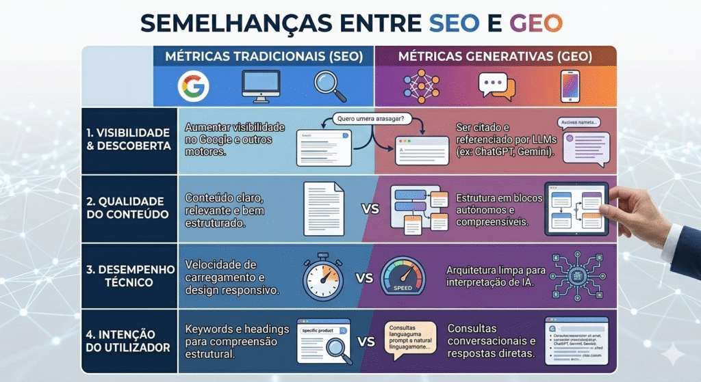 quadro tecnico comparativo entre as semelhancas de SEO e GEO - Ariticum marketing