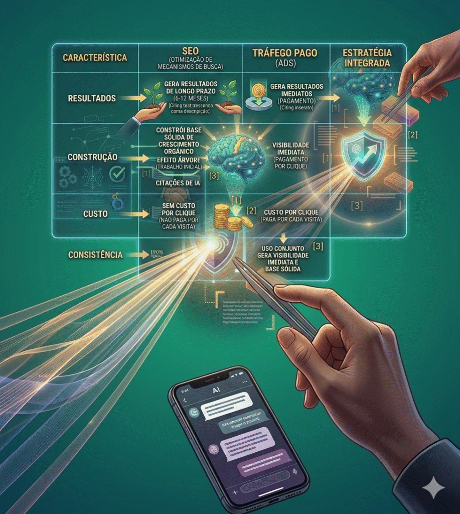 Tabela de diferenca entra SEO x Trafego Pago - Ariticum Marketing